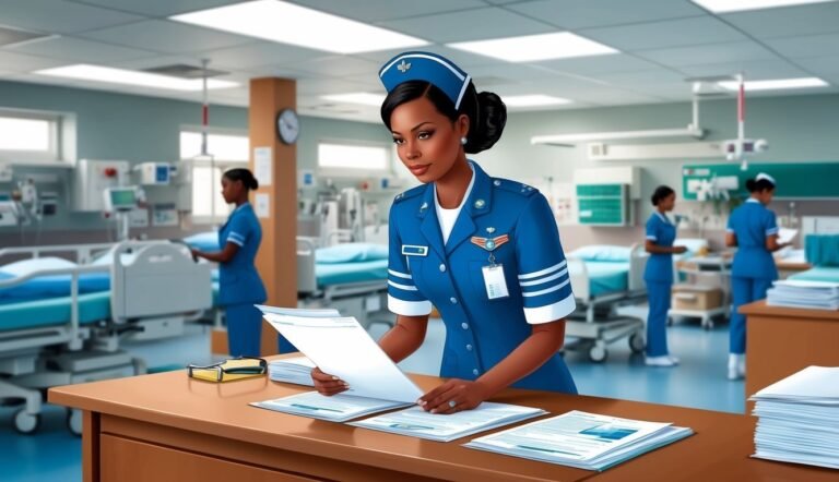 Nurse in blue uniform reviewing paperwork in a hospital room