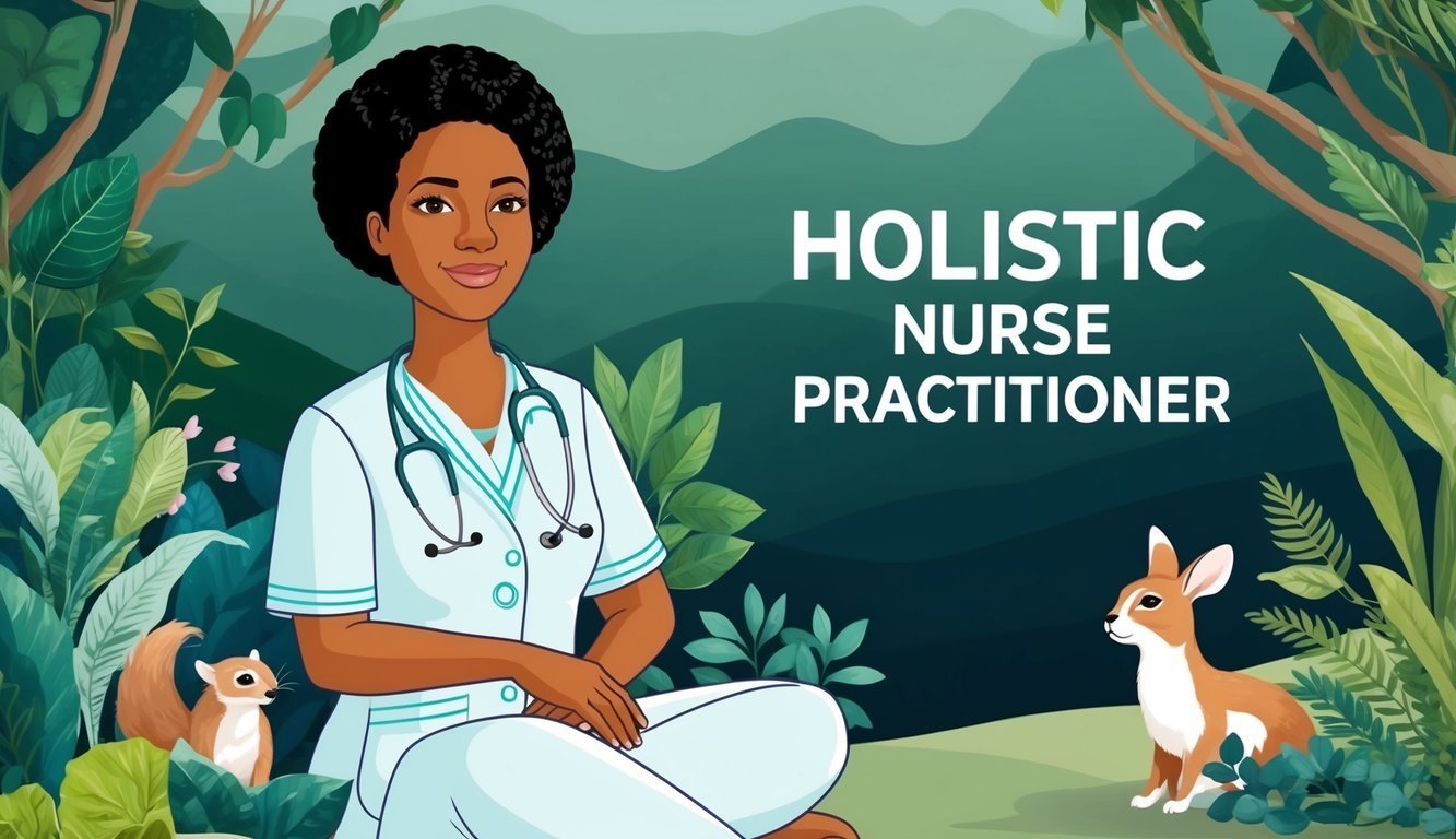 Illustration of a holistic nurse practitioner in nature with animals