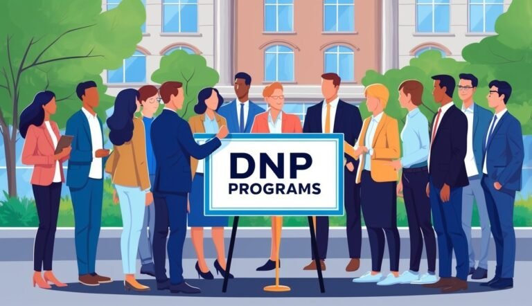 Group of people with a sign that says "DNP Programs" in front of a building