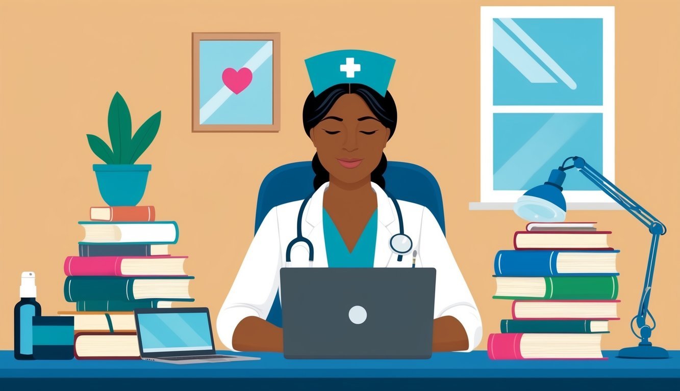 A holistic nurse practitioner sitting at a desk surrounded by books, a laptop, and medical equipment, with a serene and focused expression
