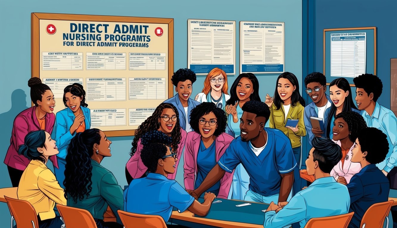 A diverse group of students eagerly gather around a bulletin board displaying admission requirements for direct admit nursing programs, organized by state