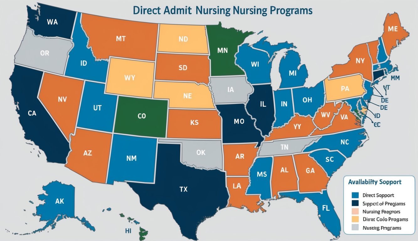 A map of the United States with color-coded regions indicating the availability and support of direct admit nursing programs in each state