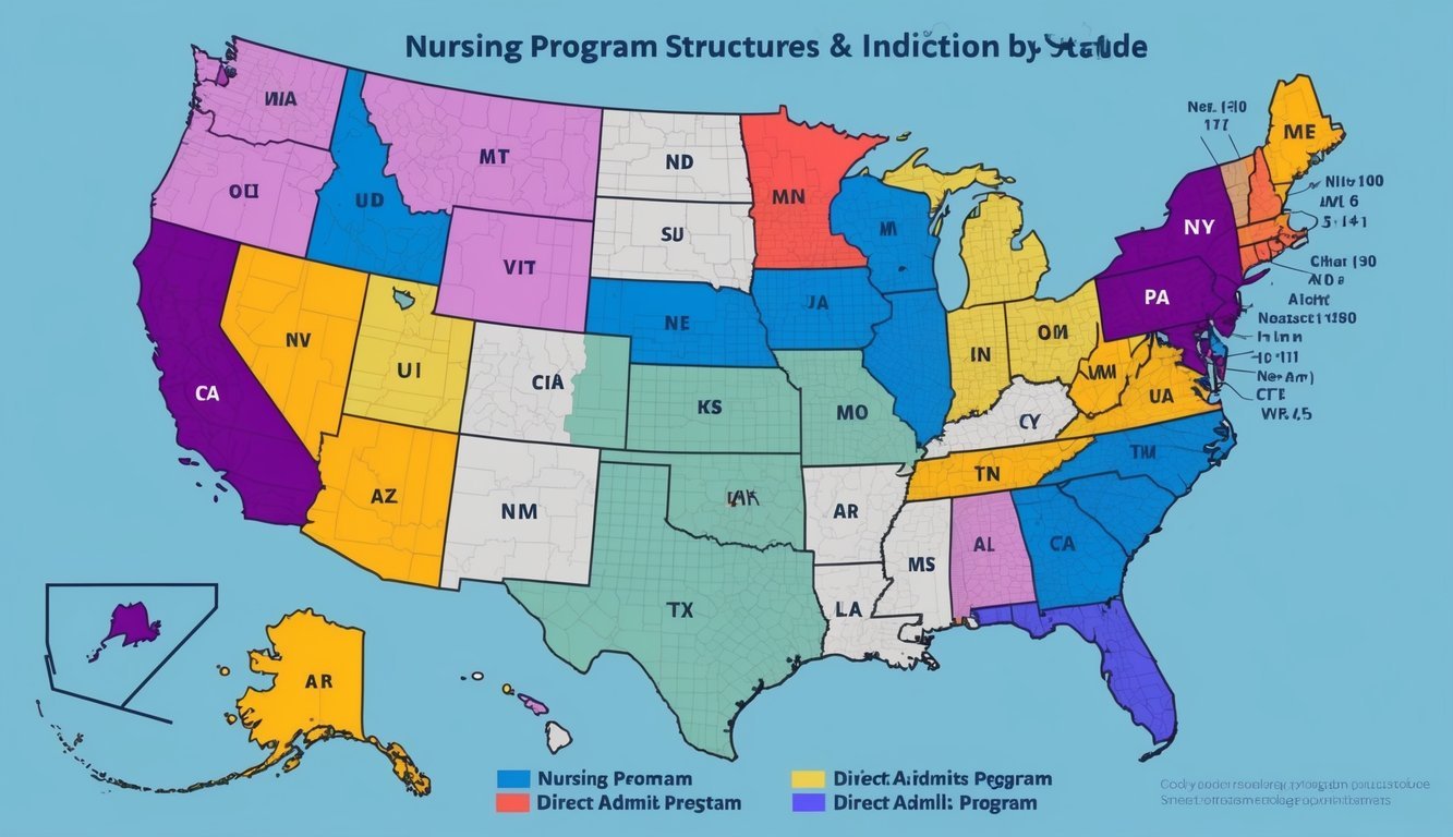 A map of the United States with color-coded regions representing different nursing program structures and direct admit programs by state