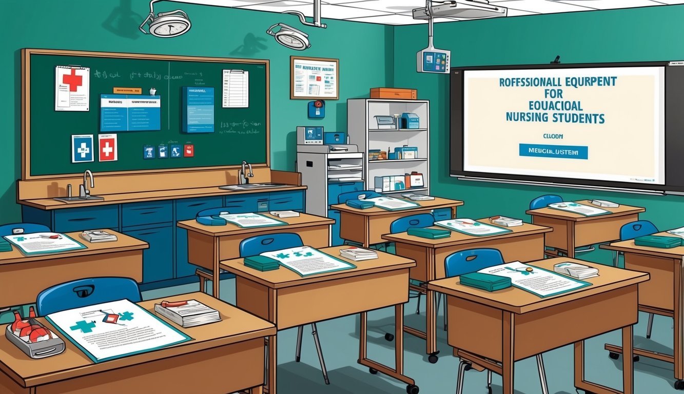 A classroom setting with medical equipment and educational materials for nursing students