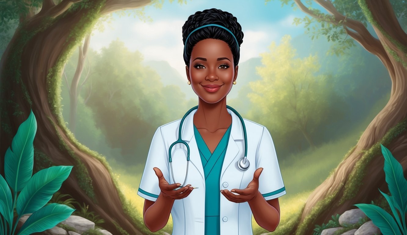 A holistic nurse practitioner answering questions in a peaceful, natural setting with a serene expression