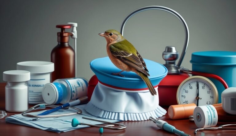 Bird perched on a medical hat surrounded by medical supplies and instruments