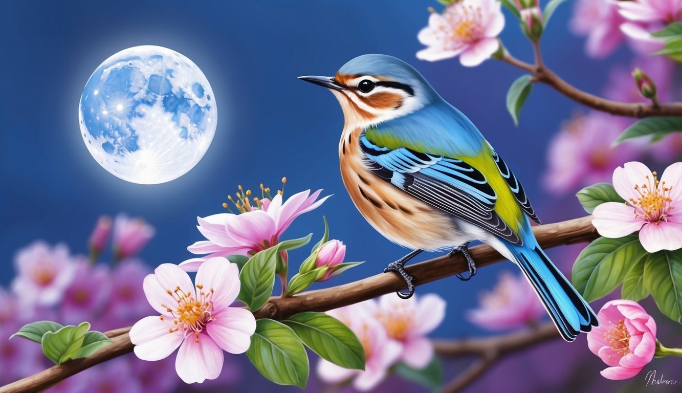 A nightingale perched on a branch, surrounded by blooming flowers and a full moon in the background