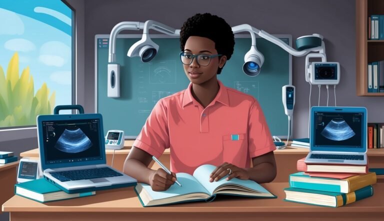 A woman in a medical office with laptops displaying ultrasound images