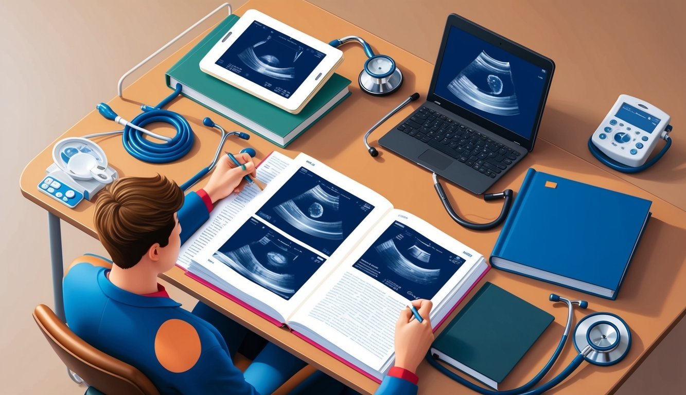 A person studying at a desk with ultrasound images and medical textbooks, surrounded by a stethoscope and medical equipment