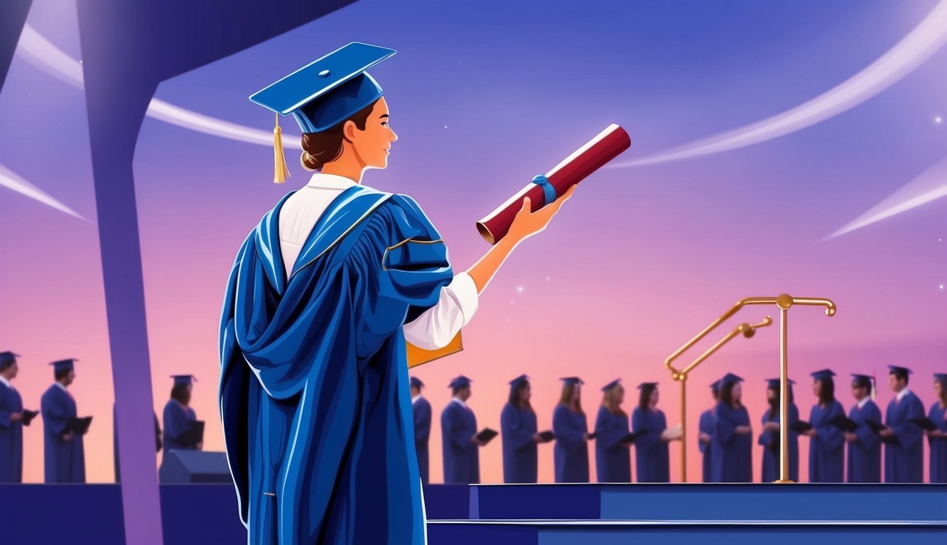 A person in a cap and gown receiving a diploma on stage at a graduation ceremony