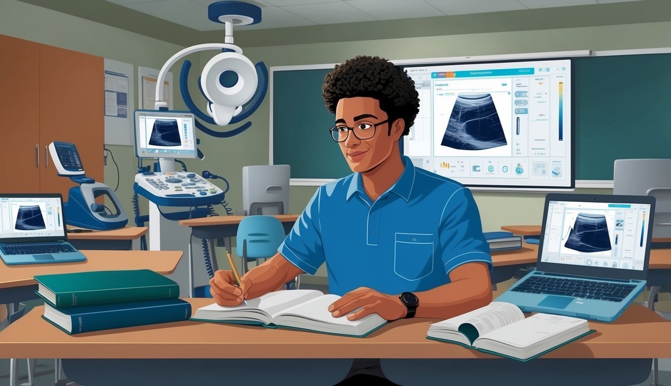 A student studying ultrasound technology in a classroom with specialized equipment and textbooks