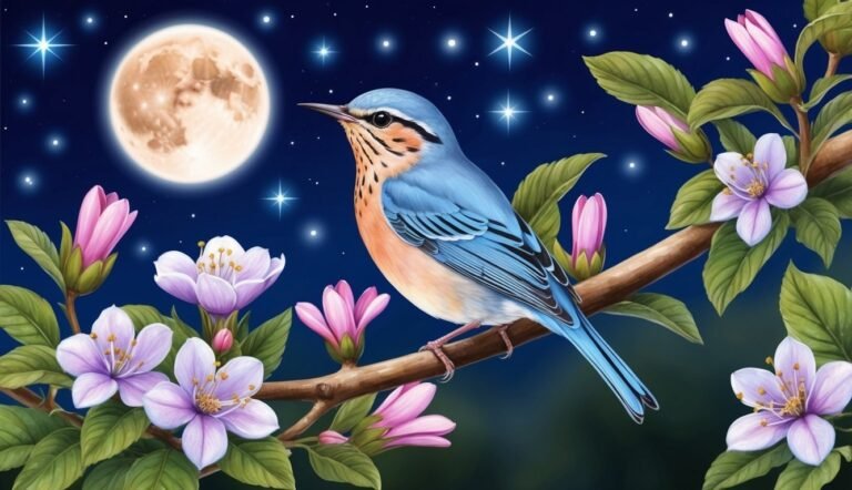 Blue bird on a branch with flowers, moon, and stars in the night sky