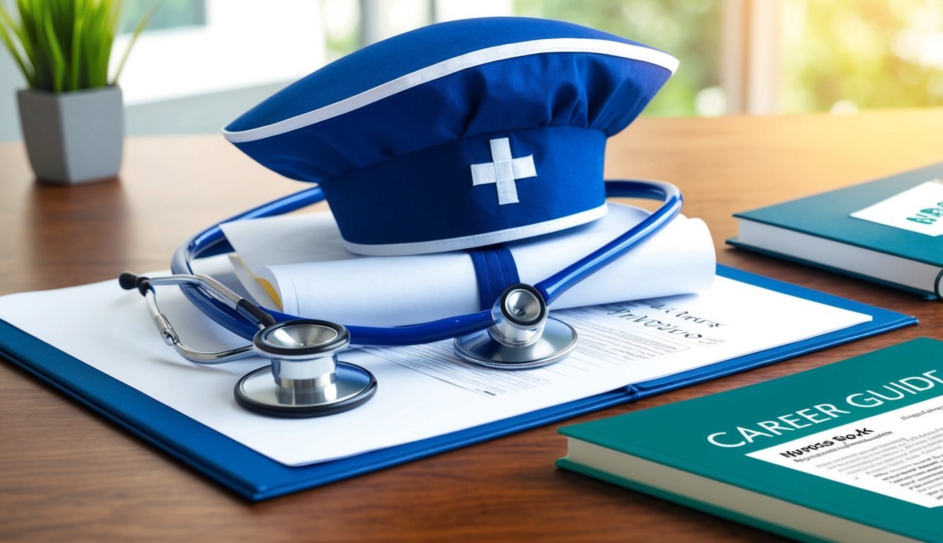 A nurse's cap and stethoscope resting on a diploma, with a nursing textbook and a career guide open on a desk