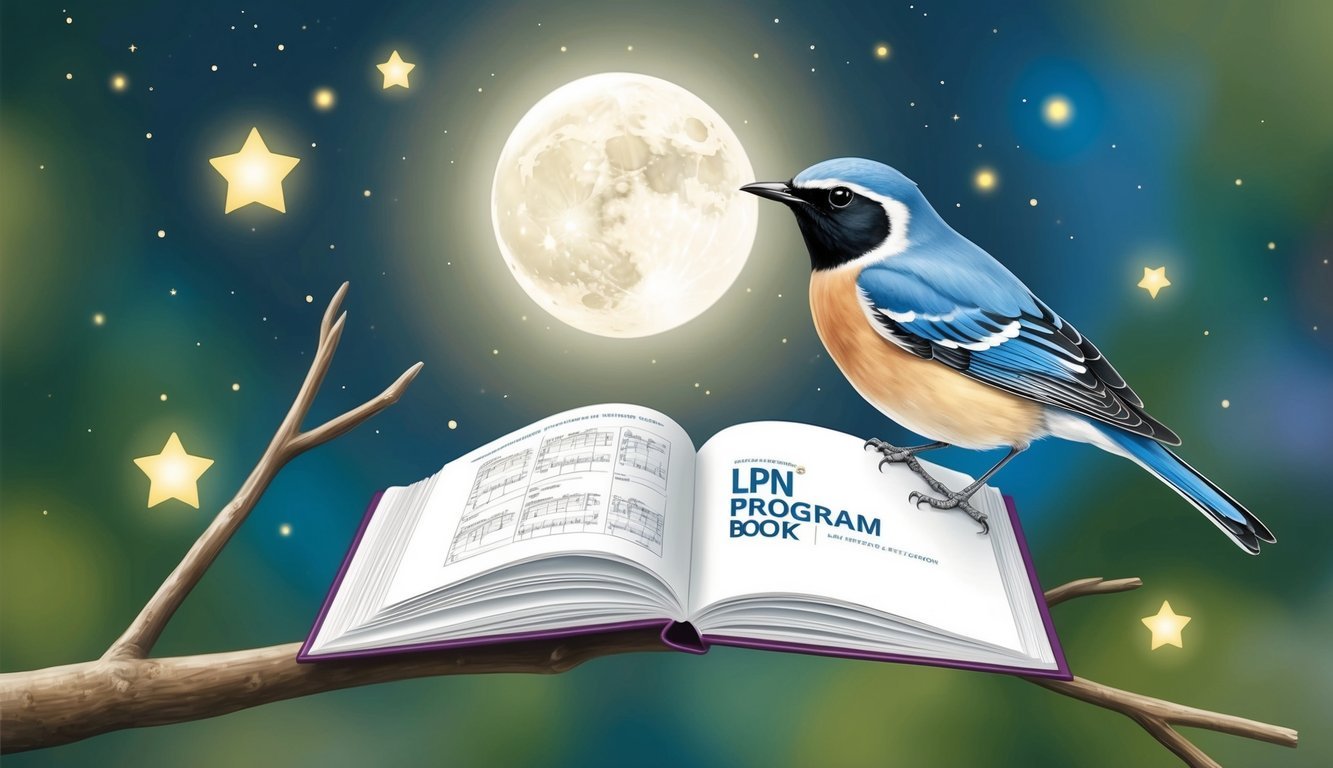 A nightingale perched on a branch, surrounded by a glowing moon and stars, with a LPN program book open below