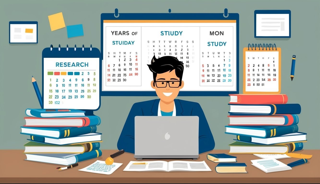 A person researching on a laptop, surrounded by textbooks and notes, with a calendar showing years of study