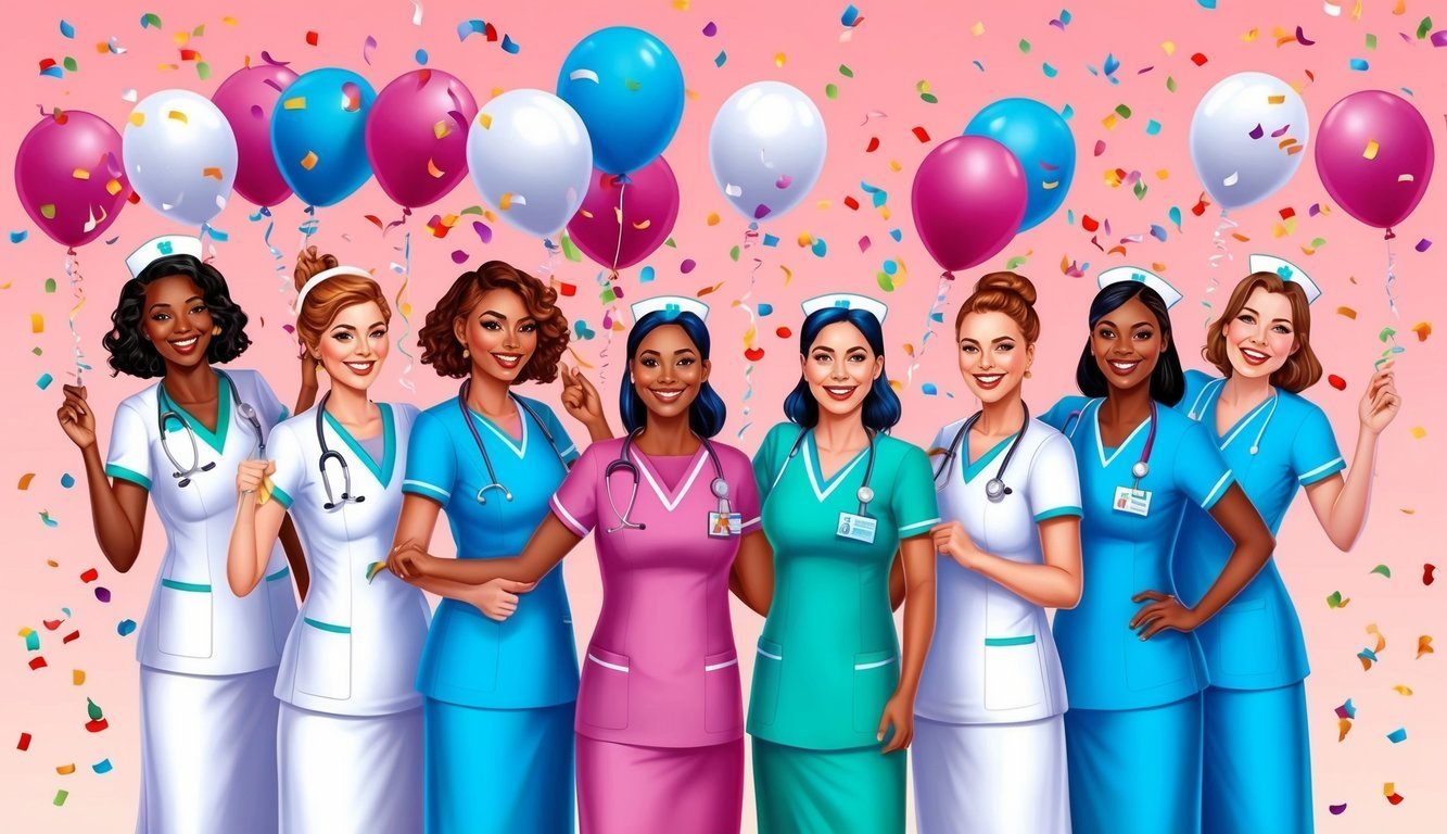 Eight smiling nurses in scrubs, holding balloons, confetti background
