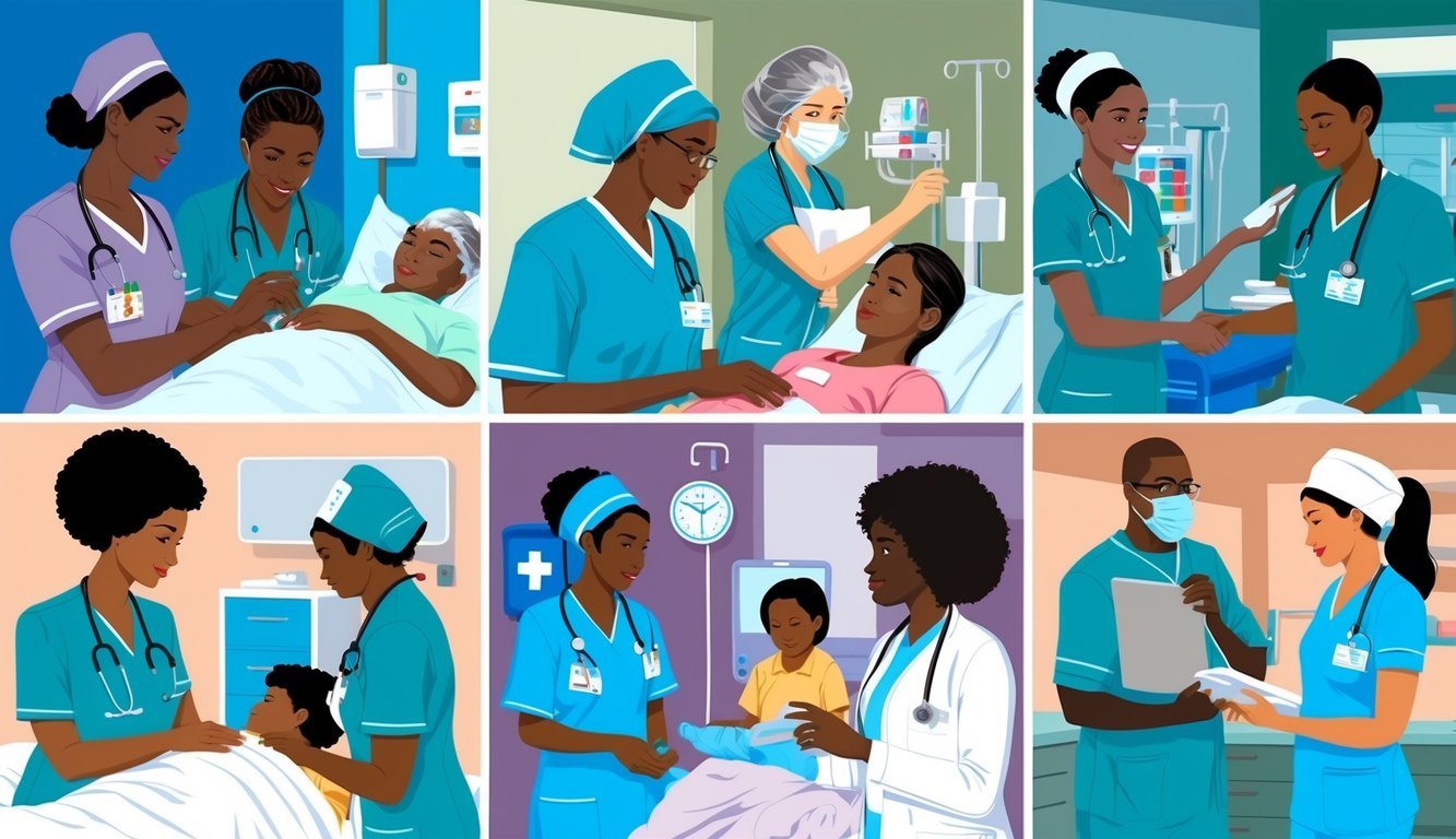 A group of nurses in various medical settings, caring for patients and collaborating with other healthcare professionals