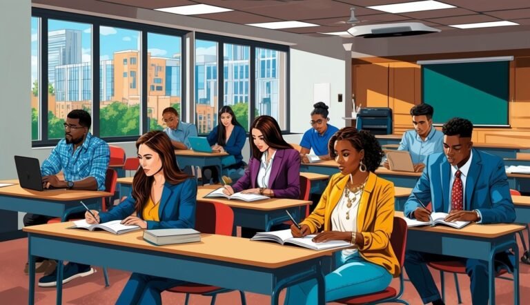 Classroom scene with diverse students working at desks, studying, and using laptops