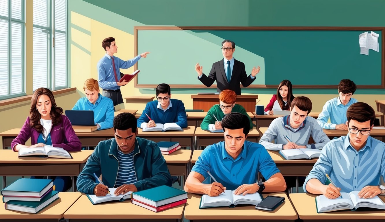 A group of students studying in a classroom with textbooks and laptops, while a teacher leads a lecture at the front of the room