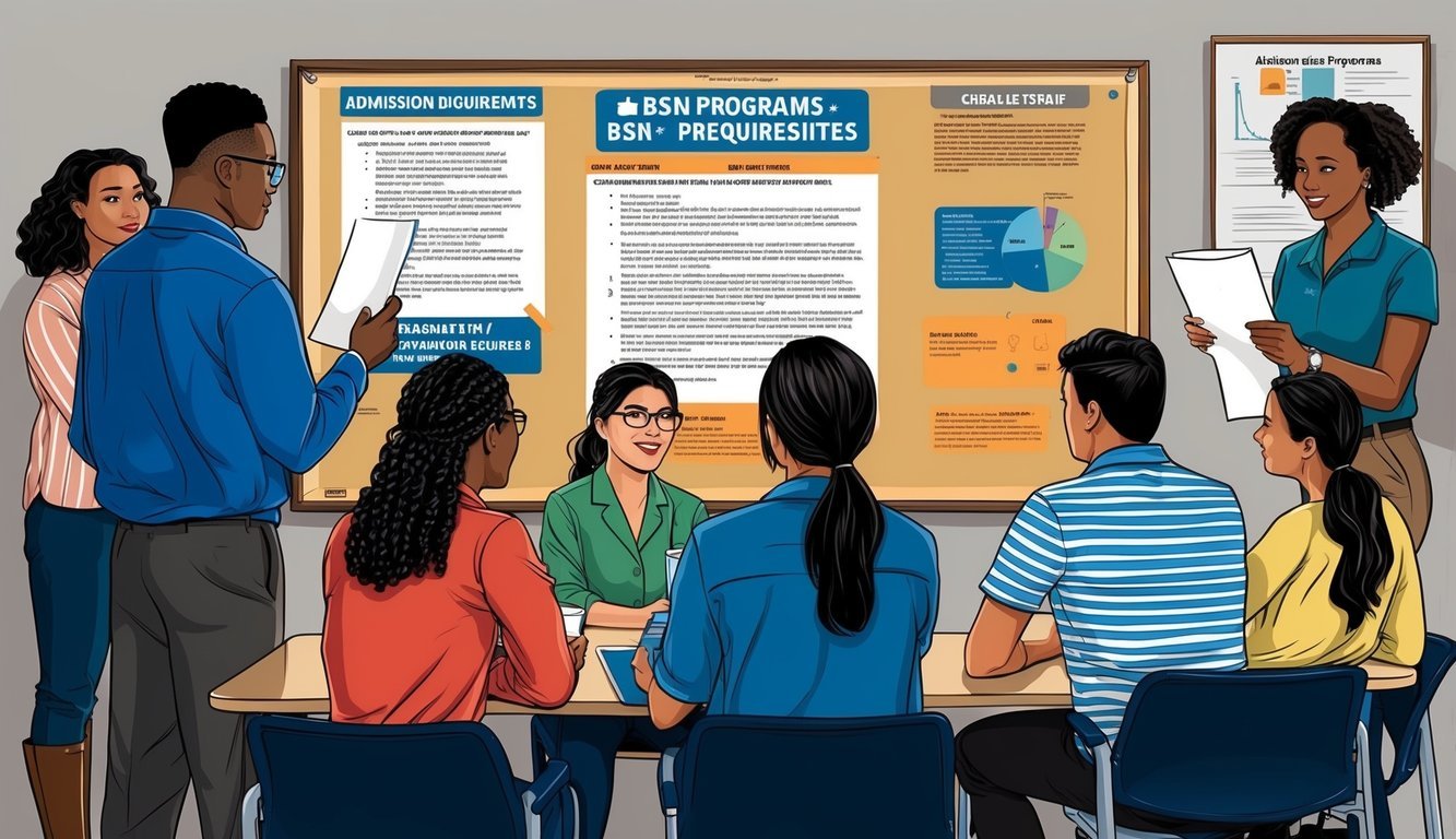 A group of students gather around a bulletin board, reading and discussing admission requirements and prerequisites for BSN programs in Texas