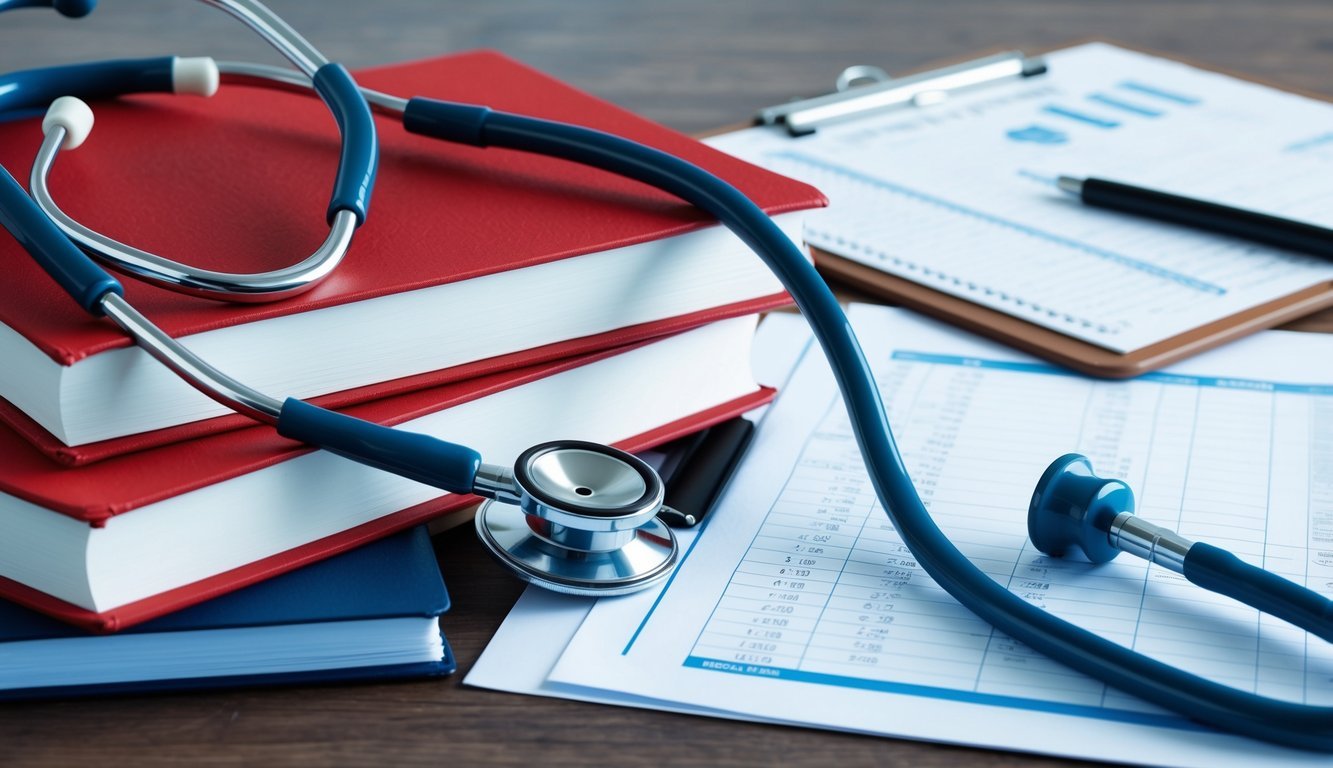 A stethoscope resting on a stack of textbooks, with a clipboard and medical charts nearby