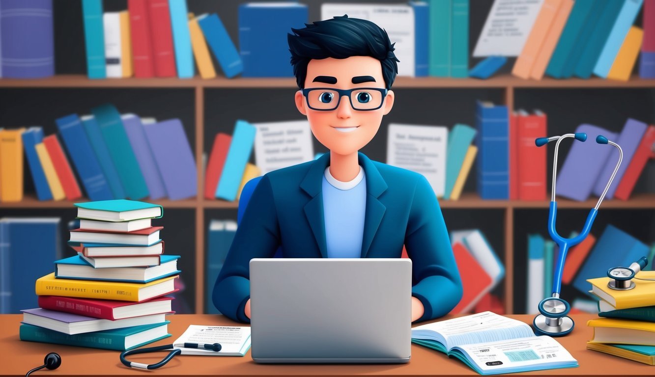 A student sitting at a desk surrounded by textbooks and notes, with a laptop open and a stethoscope nearby
