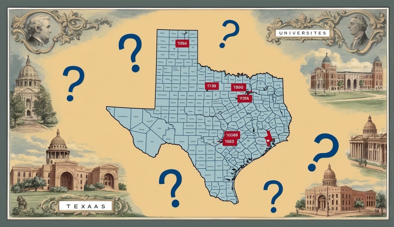 A Texas map with universities marked, surrounded by question marks