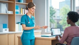 Nurse in scrubs pointing at a laptop screen with a patient