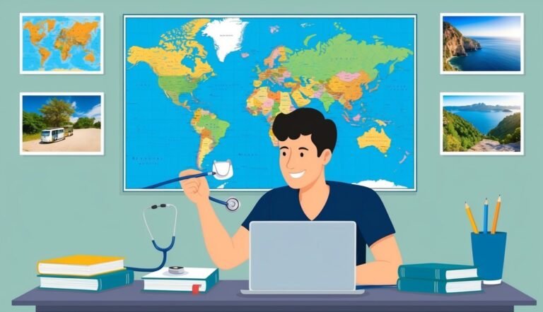 Cartoon doctor with stethoscope, world map, laptop, and travel photos