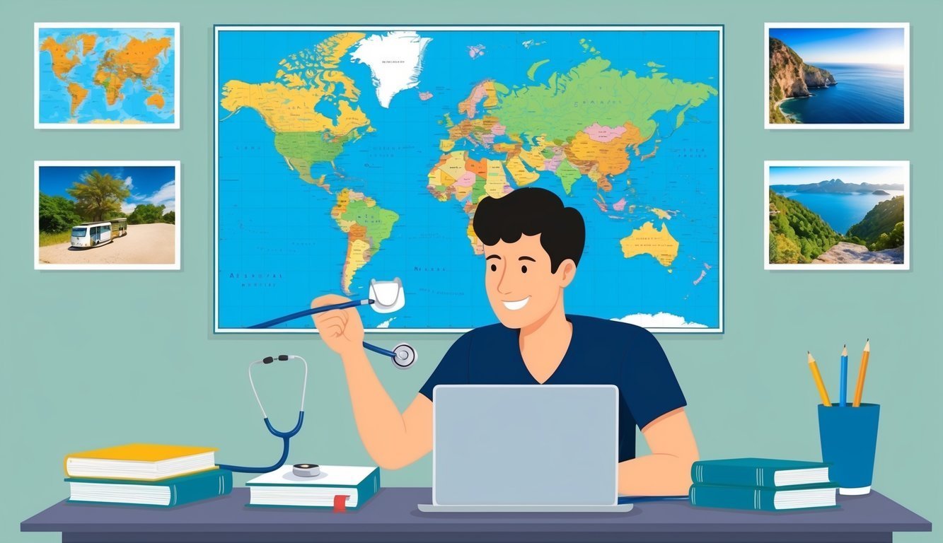 Cartoon doctor with stethoscope, world map, laptop, and travel photos