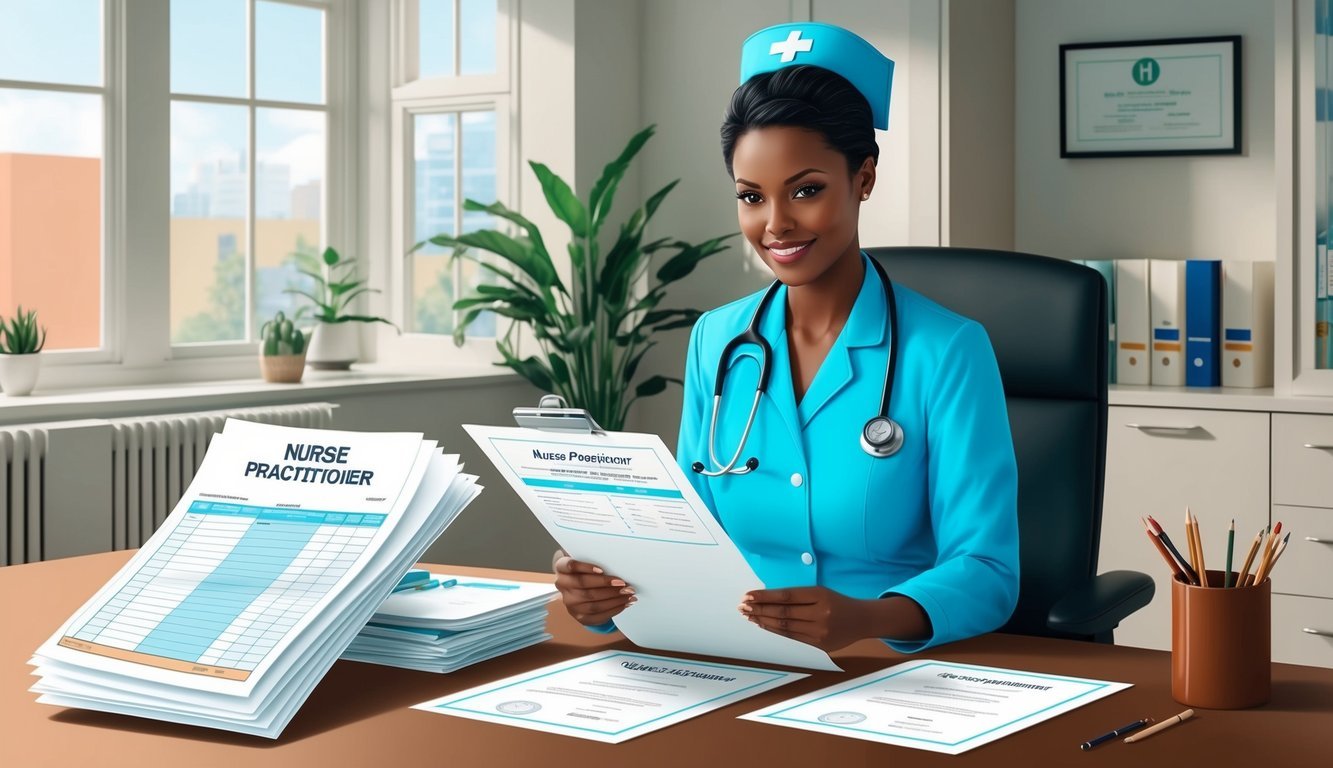 A nurse practitioner reviewing medical charts and diplomas in a well-lit office