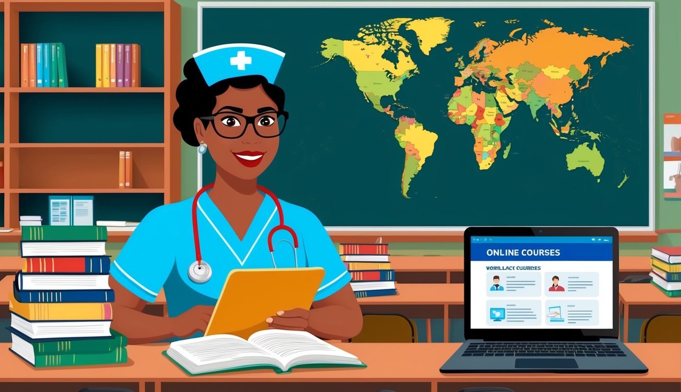 A travel nurse studying in a classroom with medical textbooks, a world map, and a laptop showing online courses