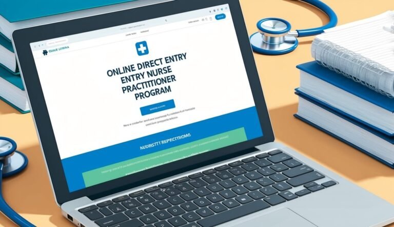 Laptop displaying an online nurse practitioner program, with books and a stethoscope