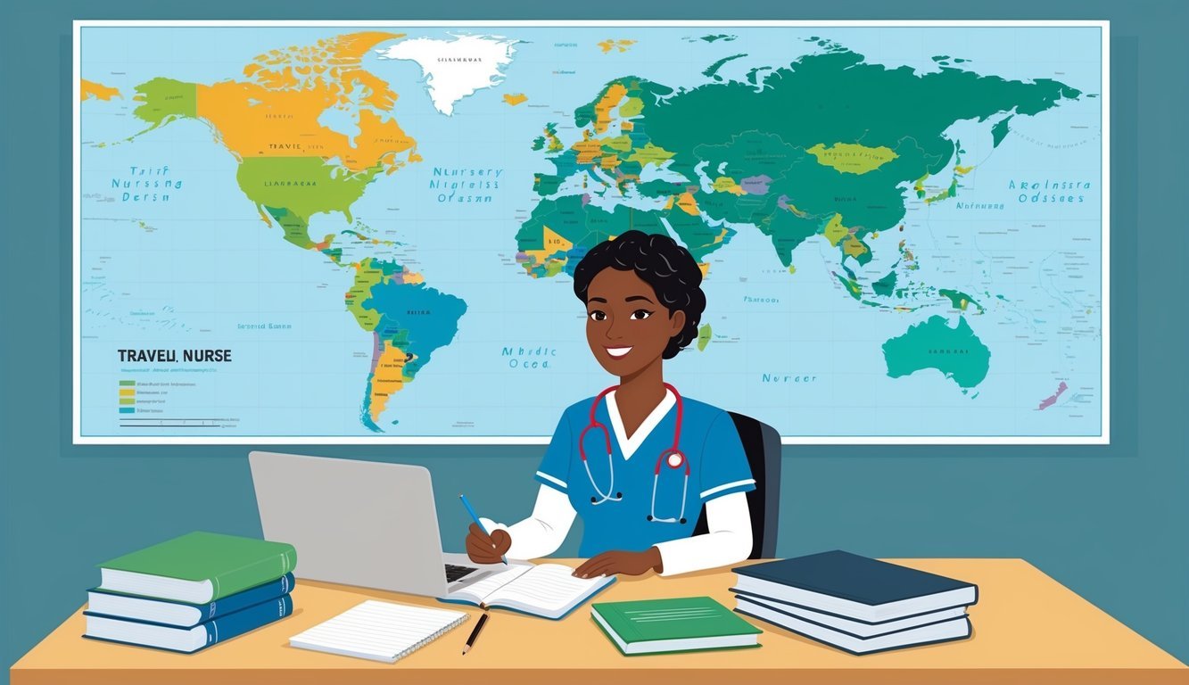 A travel nurse studying at a desk with a laptop, textbooks, and notes.</p><p>A world map on the wall shows different nursing employment landscapes