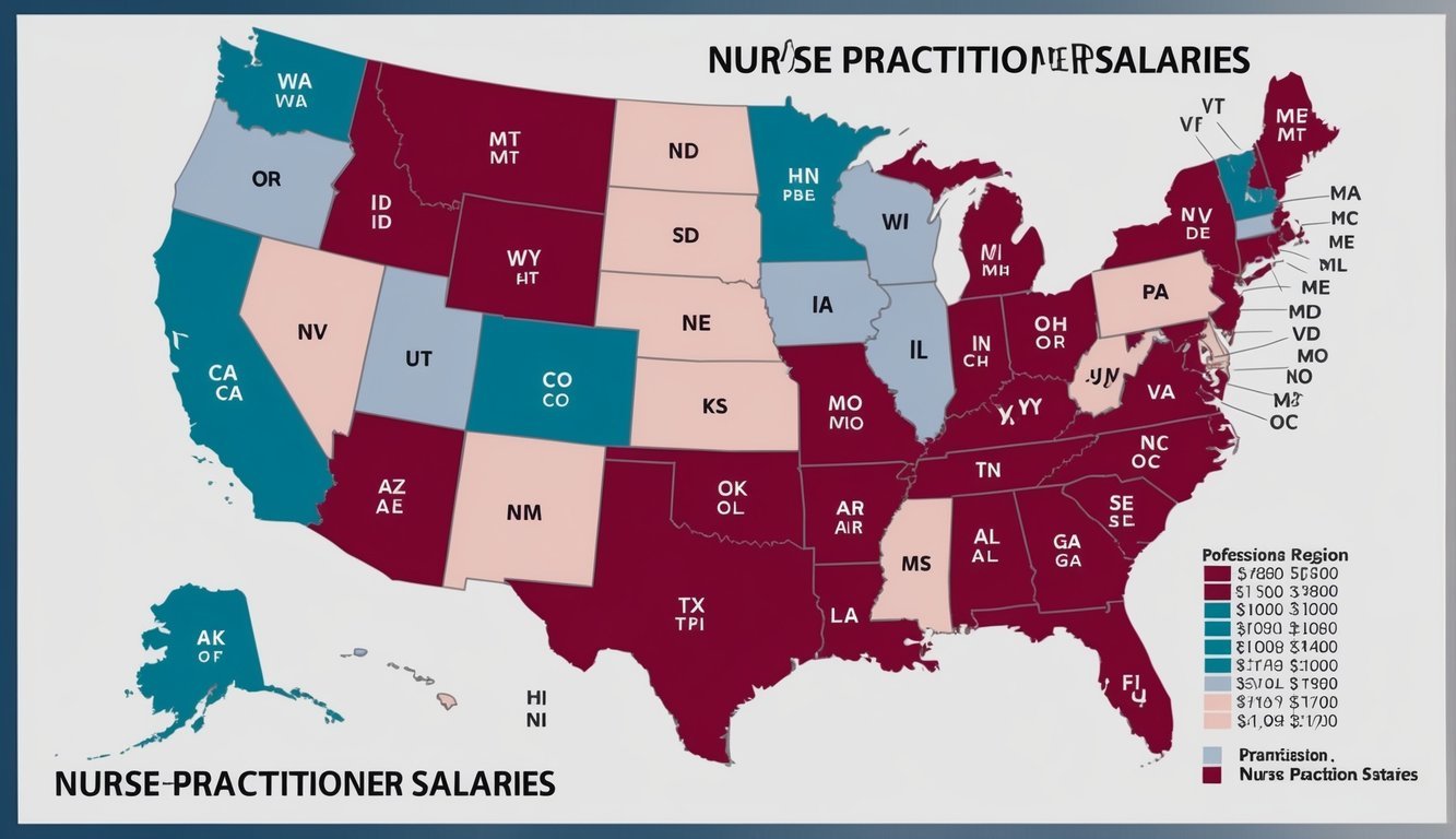 A map of the United States with color-coded regions showing varying nurse practitioner salaries