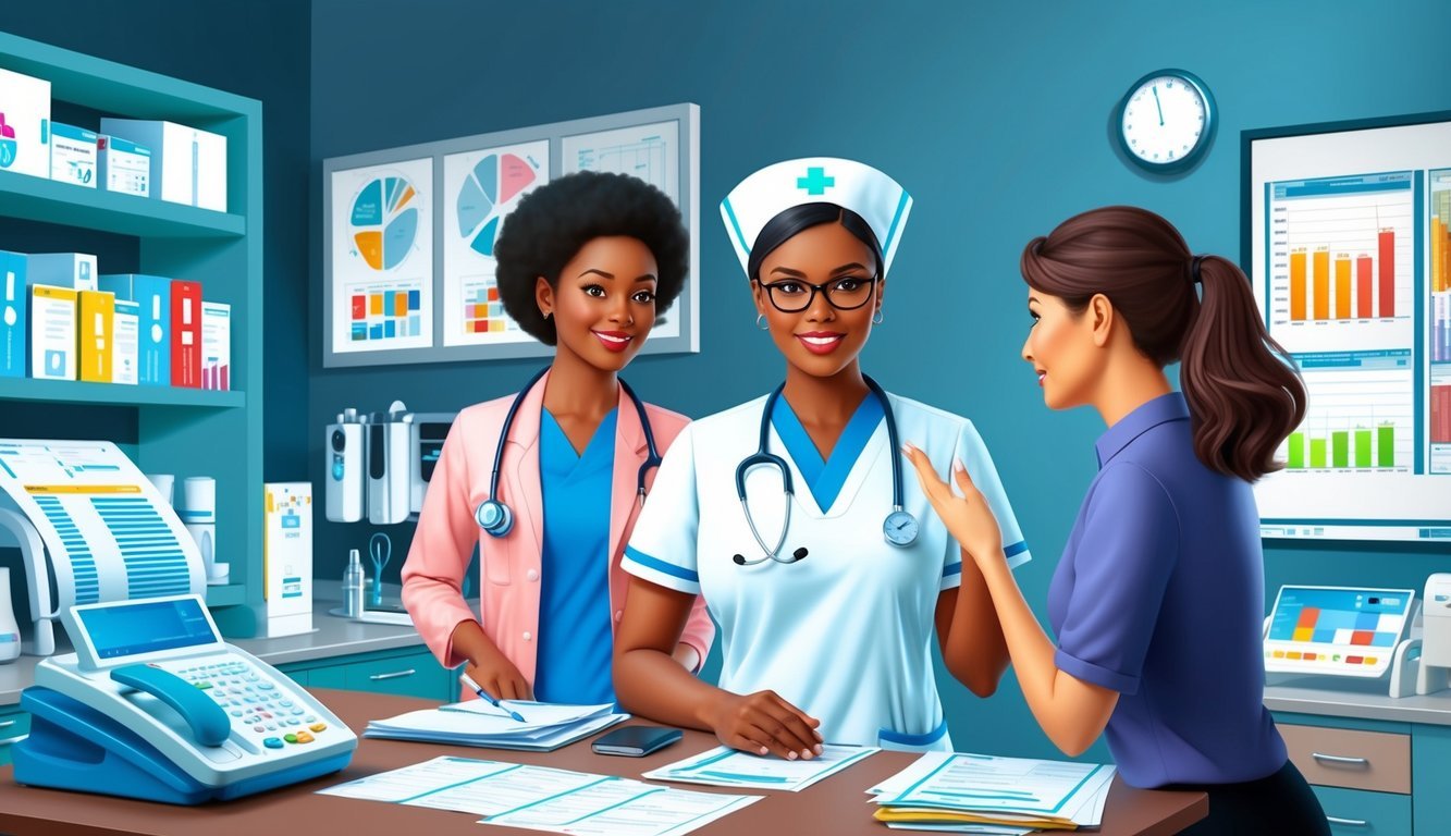 A nurse practitioner in a modern clinic, surrounded by medical equipment and charts, discussing salary with a colleague
