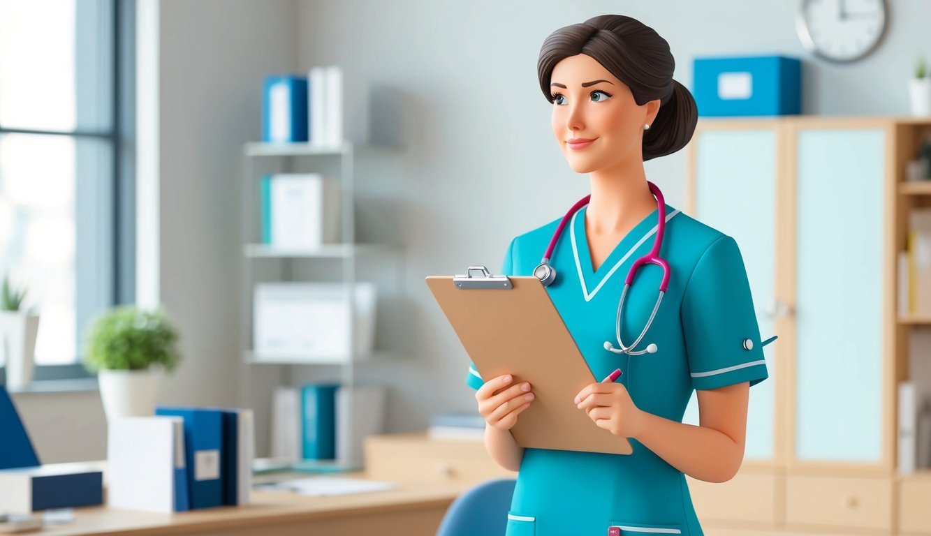 A nurse practitioner holding a stethoscope and a clipboard, standing in a medical office with a thoughtful expression