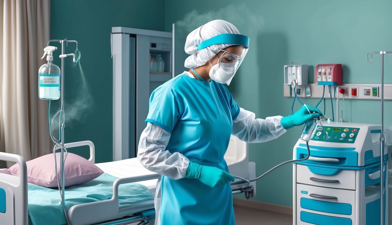 Medical worker in protective gear adjusting equipment in a hospital room