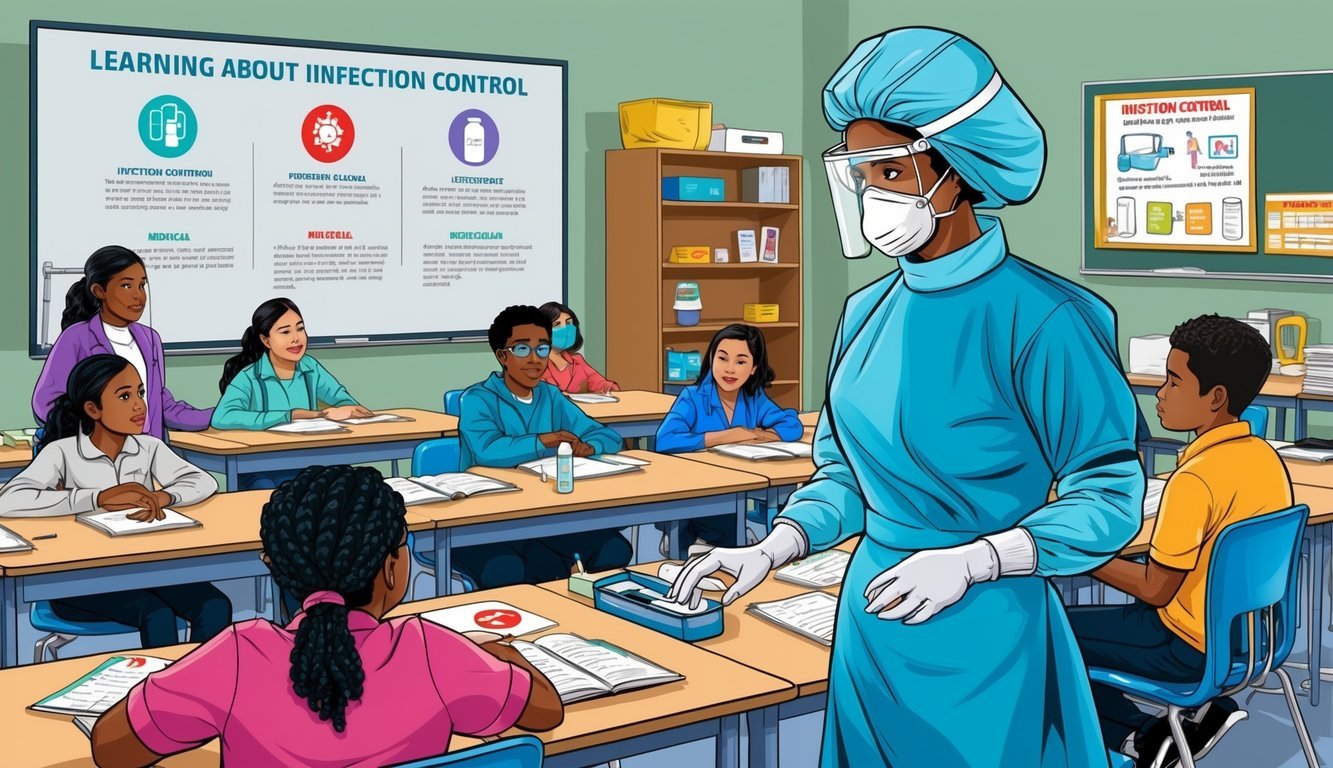 A nurse in protective gear oversees a classroom with students learning about infection control.</p><p>Medical equipment and educational materials are visible