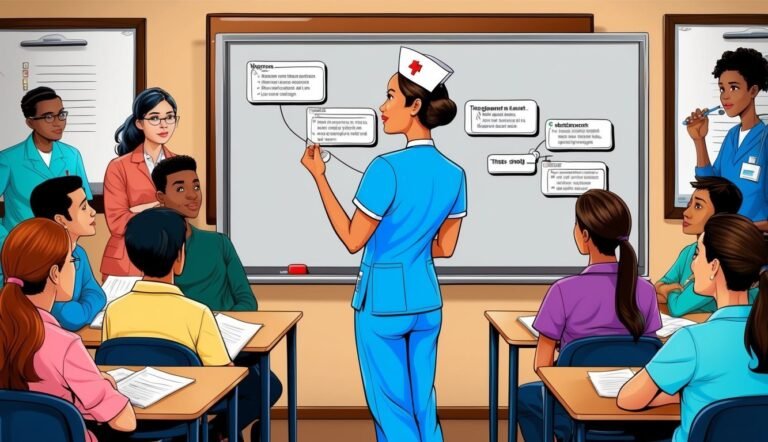 Nurse teaching students in a classroom, pointing at a whiteboard with notes