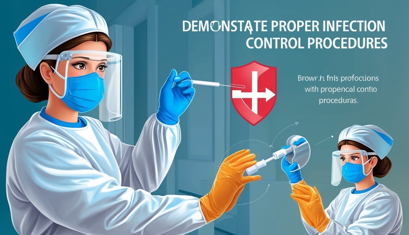 A nurse in protective gear demonstrates proper infection control procedures