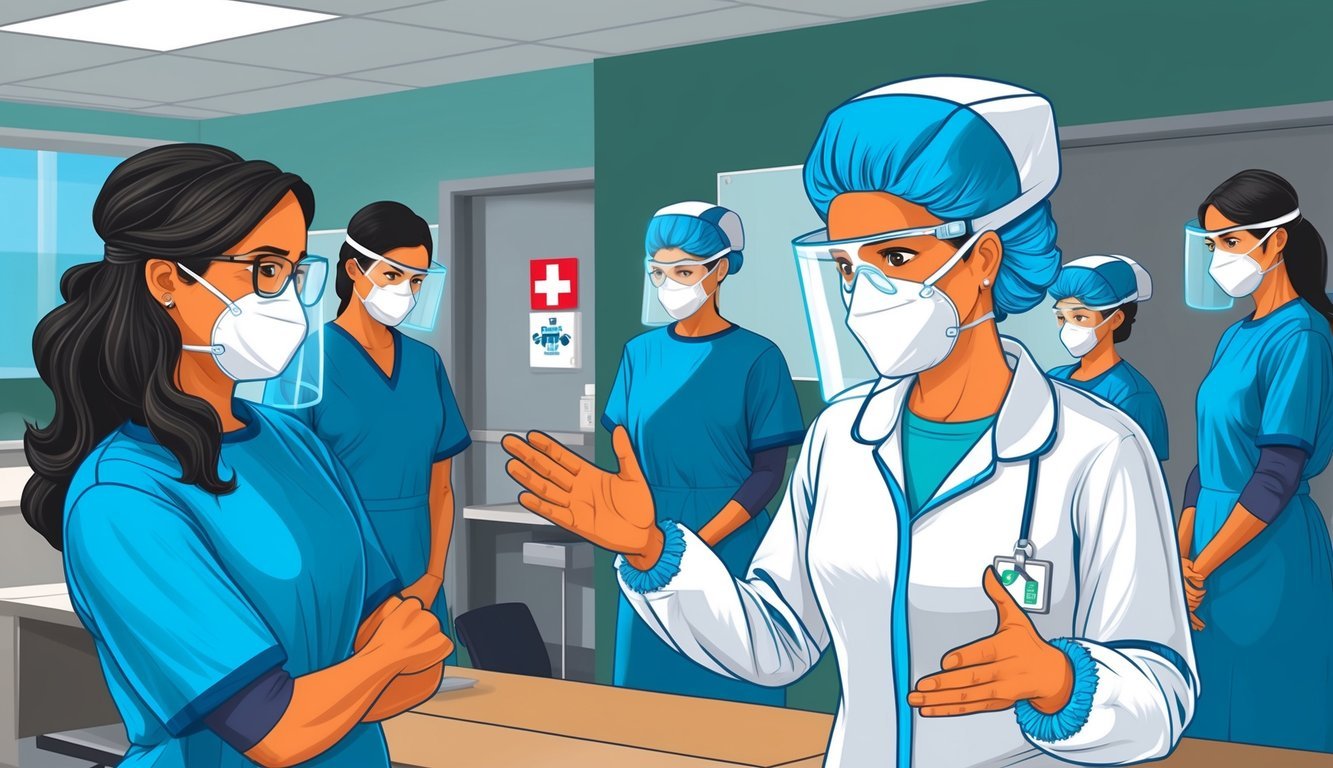 A nurse in protective gear educates staff on infection control in a hospital setting