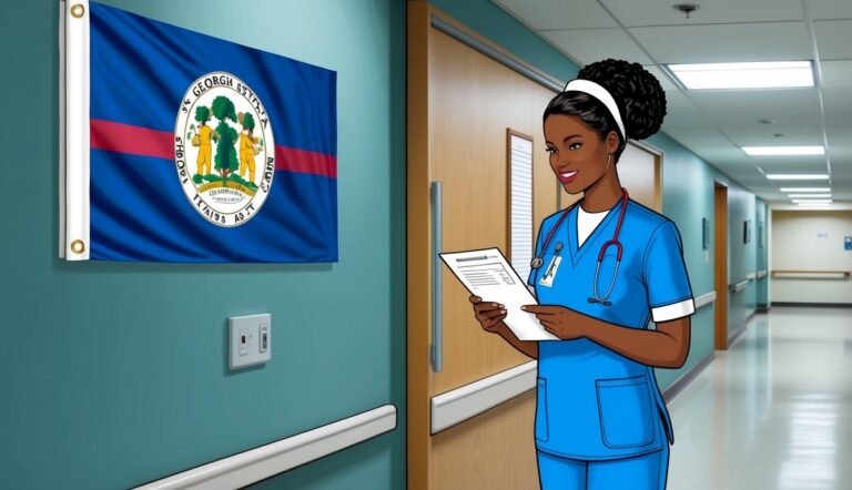 Nurse in blue scrubs reads paperwork in a hospital hallway, Georgia flag