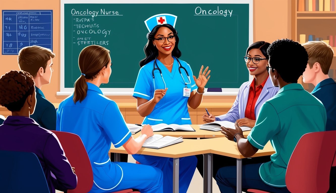 An oncology nurse teaching a group of students in a classroom setting