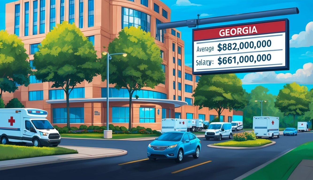 A CRNA in Georgia receives a competitive salary, reflected in a scene of a bustling hospital with a sign displaying the state's average CRNA salary