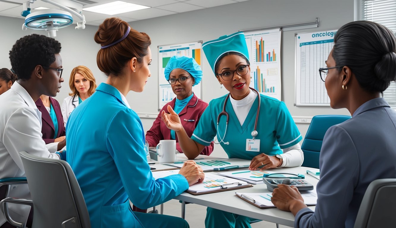 A nurse attending a specialized oncology training seminar, surrounded by medical equipment and charts, while engaging in a discussion with colleagues