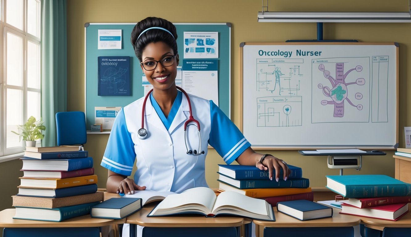 An oncology nurse in a classroom, surrounded by textbooks, medical equipment, and a whiteboard with diagrams