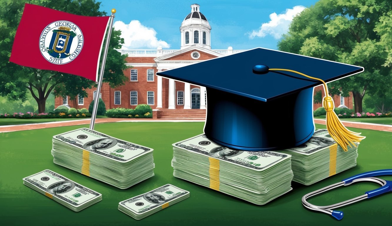 A serene college campus with a graduation cap and a stack of cash representing tuition costs, surrounded by the Georgia state flag and a stethoscope
