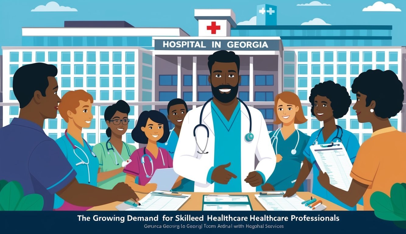 A bustling hospital in Georgia with a CRNA leading a team, surrounded by charts and medical equipment, showcasing the growing demand for skilled healthcare professionals