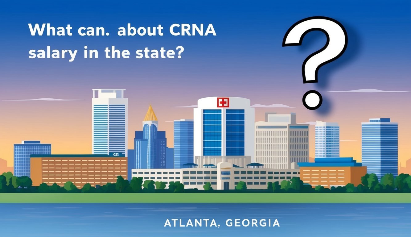A skyline of Atlanta, Georgia with a prominent hospital and a question mark hovering above, representing the inquiry about CRNA salary in the state